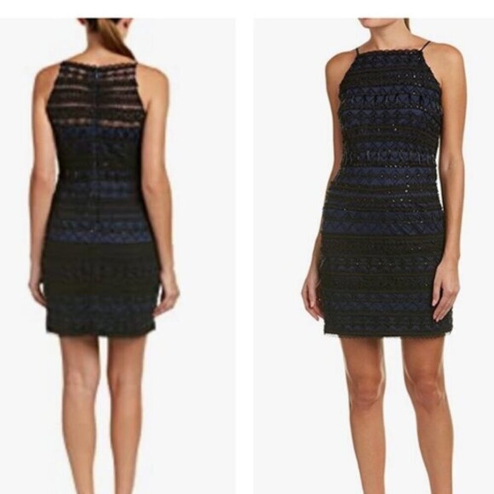 Aidan Mattox Womens Black Twilight Geometric Beaded Illusion Sheath Dress Size 6